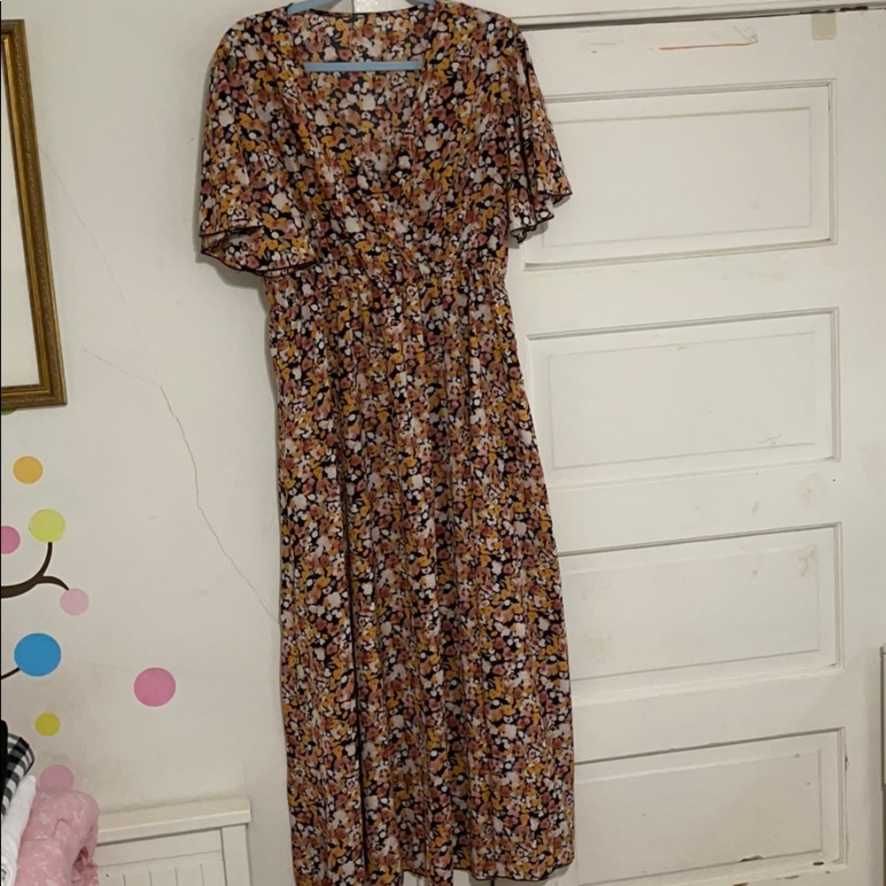 orange/pink/blue short sleeve v-neck maxi dress